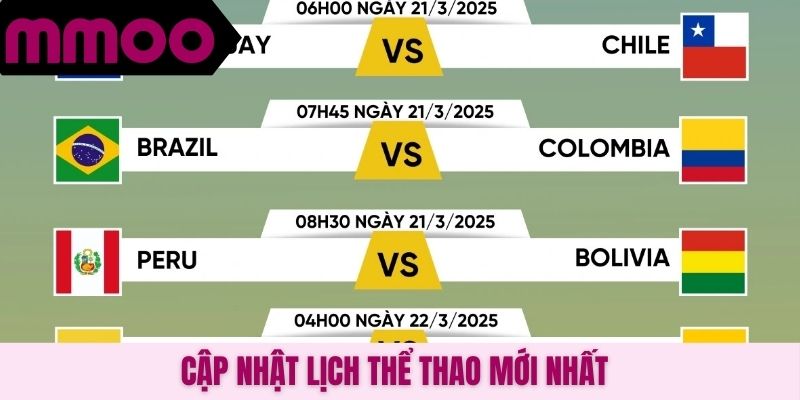 Cập nhật lịch thể thao mới nhất